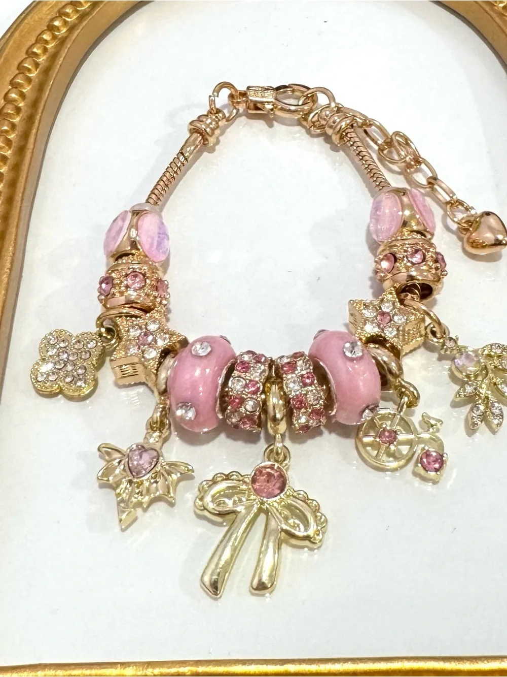 New Gold-Tone Pink Charm Bracelet with Enamel Beads and Crystal Accents 7 inches